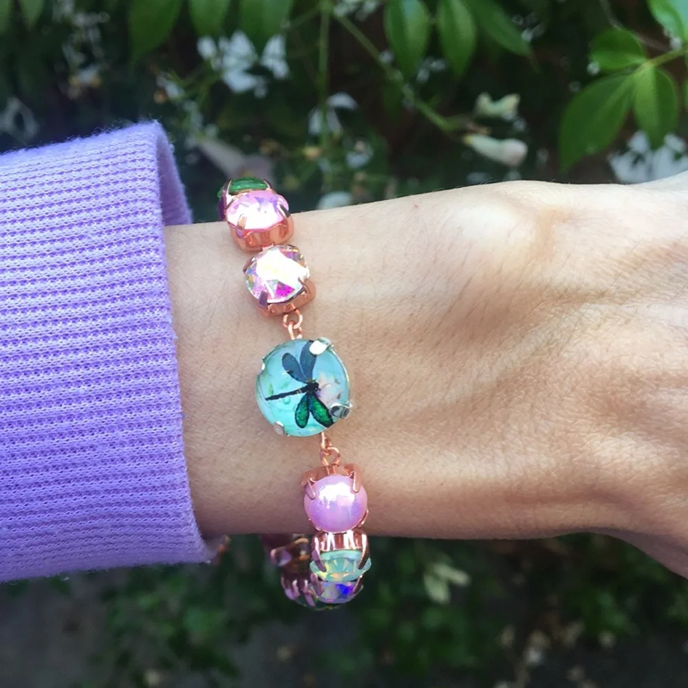 Pink Opal Aurora Borealis + Peridot Dragonfly Charm Crystal Tennis Bracelet - Picture 13 of 16